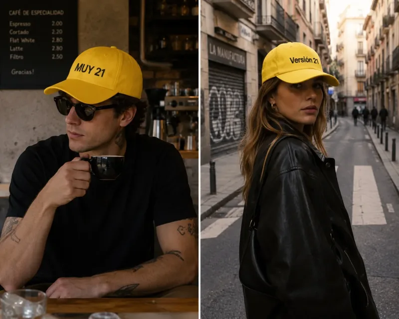 Díptico de dos gorras amarillas democracia21 bordadas: "MUY 21" y "Versión 21"