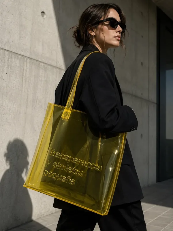 Tote bag transparente amarillo democracia21 con el mensaje "Transparencia y sin letra pequeña"